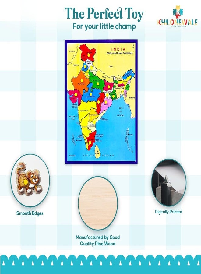 Khilonewale Kid's Large Size India Map Wooden Puzzle for Kids - BIS Compliant | Educational Toy with Plastic Knobs | Learn States, Capitals & More | Gift for 3+ Years | - Image 5